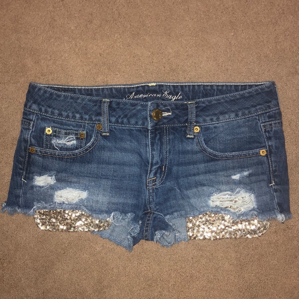 AEO distressed shorts with sequin accent pockets